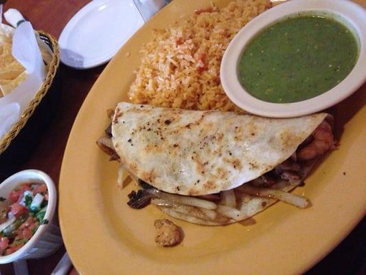 This is the Casa Mexicana quesadilla. So good! Added sautéed mushroom and onions. You have to order the "green sauce"!