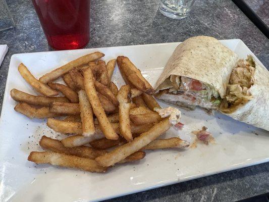 Blackened chicken sandwich "wrap" and fries