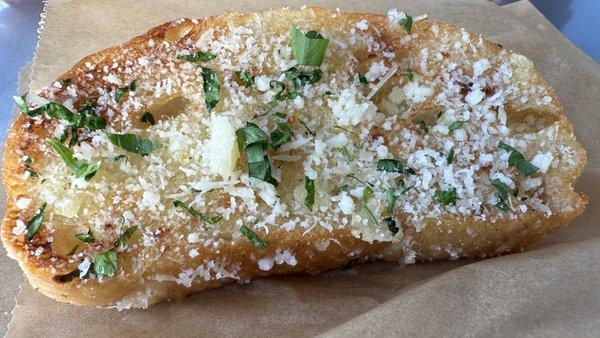 3 slices of Garlic toast made from Focaccia bread-divine! But pretty garlicky.