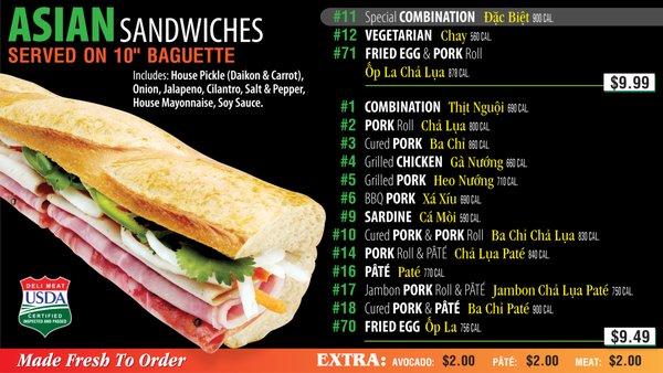 Vietnamese and Asian Sandwiches Menu