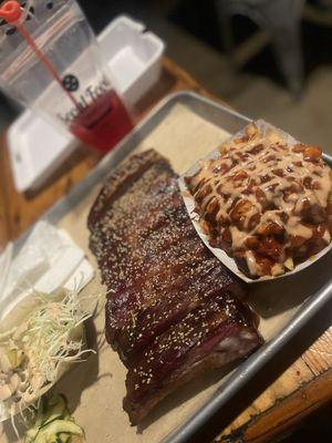 Soy Pork Spare Ribs and Kimchi Fries and Fat Brisket Bulgogi Taco