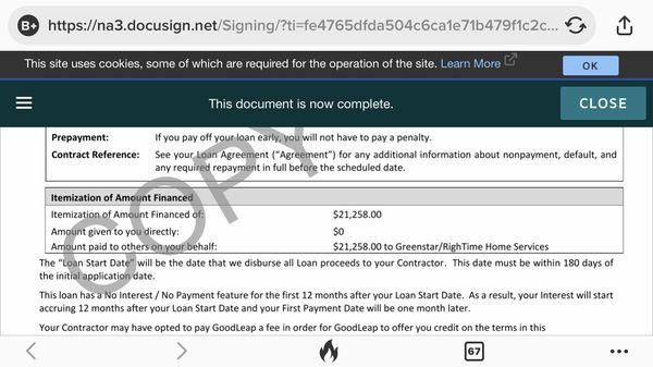 Copy of loan to pay for GreenStar/RighTime AC installation services