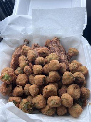 Fried Okra and fried turkey wings