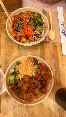 Crispy pork belly bowl and tofu bowl