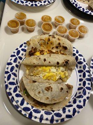 In this photo, chorizo w/egg, potato w/egg, barbacoa a-la-mexicana.