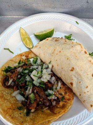 Taco al pastor and quesadilla de asada