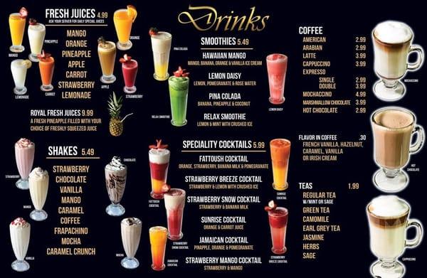 Cocktails, shakes, smoothies, Fresh Juices