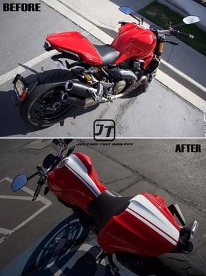 We took this already amazing red Ducati and spiced it up just a little.  We installed white gloss vinyl to it tank and tail section.