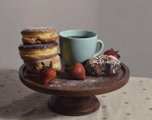 Traditional maple, chocolate and sugar donut. Devil cake with sprinkles is to die for!