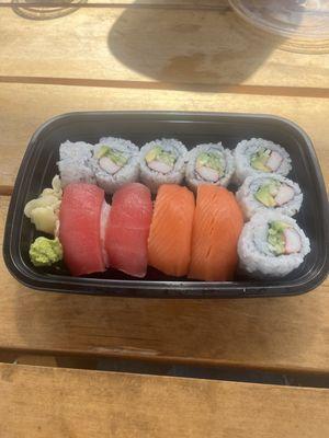 One of the combo plates - California roll, tuna and salmon nigiri.