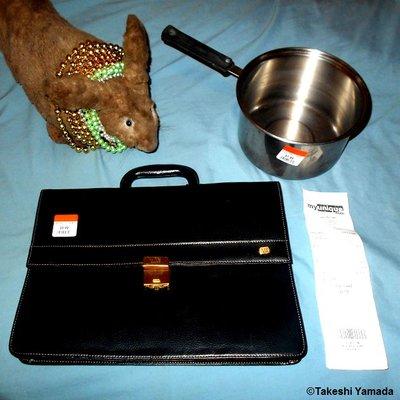 MYUNIQUE (Unique Thrift Store, Queens, NY). Dr. Takeshi Yamada and Seara (sea rabbit). Today's hunted treasures: business bag & cooking pot.