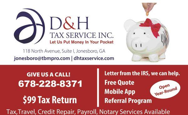 Prices start at $99. Tax, Travel, Credit Repair, Payroll, Business Formation, Notary Services Available.