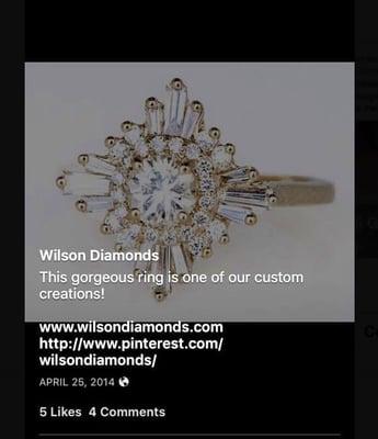 Wilson diamonds claims this is their custom design. It has in fact been imitated from artist/ designer Heidi Gibson. Heidigibson.com