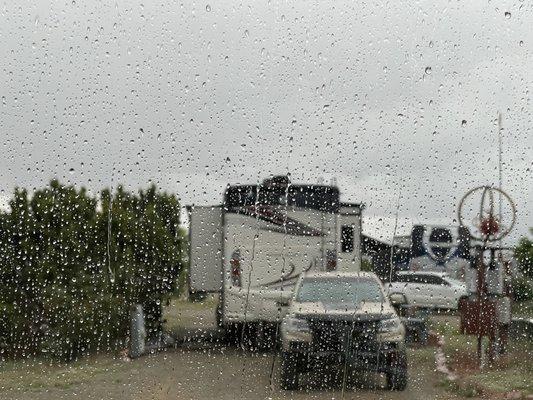 Eating El Pasasol meal inside our motor home with intense rain, thunder, and lightning Santa Fe, NM June 6, 2023