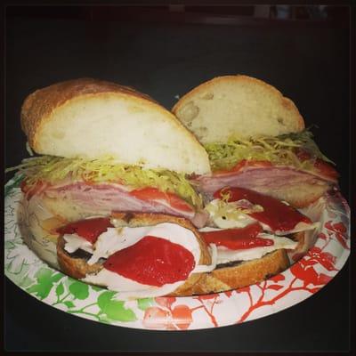 Ham, salami, provolone with some frwsh mozzarella, balsamic ans roasted peppers on Italian bread. Delicious!