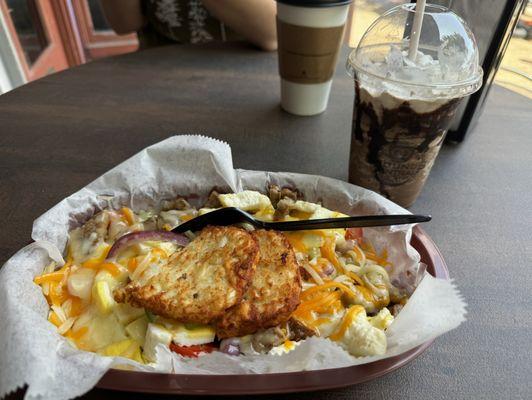 Breakfast Burrito Bowl with onion, tomato, peppers, 3 eggs, hash brown, cheddar, add sausage