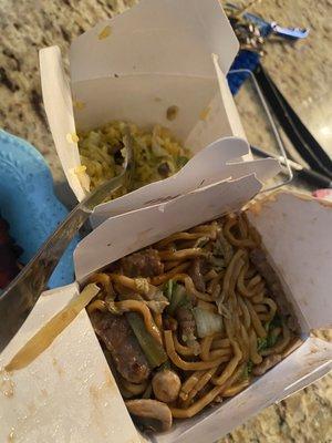 Veggie fried rice, beef Lo mein