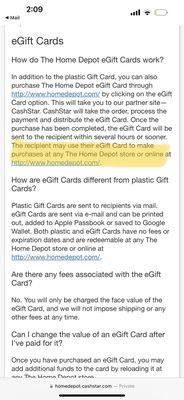 Screenshot from the Home Depot website showing that the gift cards can be used in store or for online purchases.