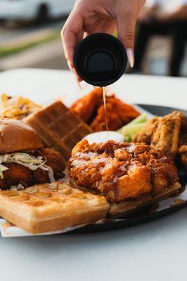 For Brunch, try our Flamin Waffle - made with two waffles for buns, juicy chicken patty, & sweet and spicy syrup.