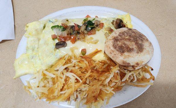 Veggie omelet, hashbrowns an English muffin