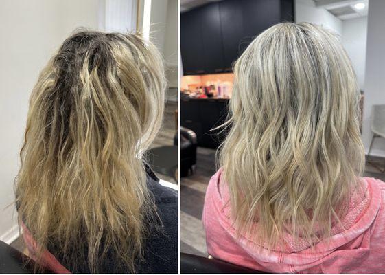 Take a gander at this stunning transformation from brassy blonde to chilled-out blonde. Talk about chic vibes!