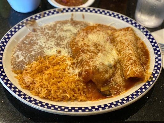 Beef enchilada, chile relleno combo plate