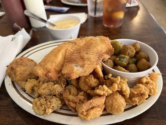 Big Mate Platter with side Fried Okra and  cheese grits