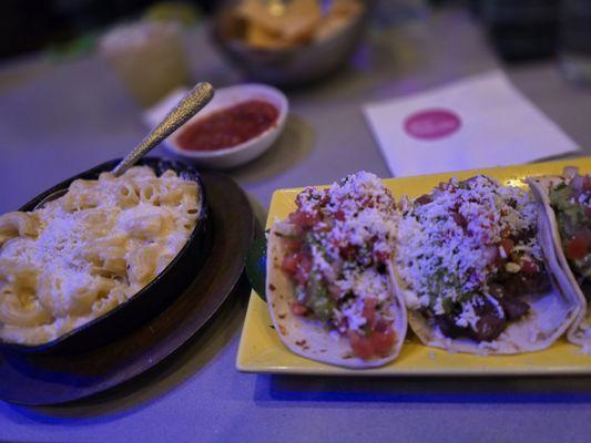 Rib eye steak Tacos and mac & cheese