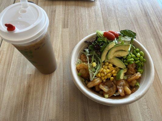 Shanghai shrimp, corn, and avocado bowl w/ brown rice & a coffee!