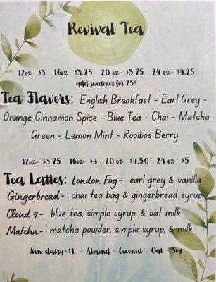 Revival tea menu