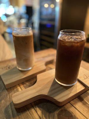 Hazelnut cold brew and a cold brew with oat milk