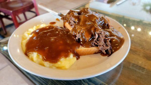 Open face pot roast with mashed potatoes and gravy