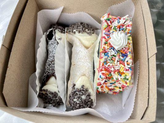 Chocolate Covered Cannoli, White Chocolate Covered Cannoli, and 7-Layer Rainbow Cake