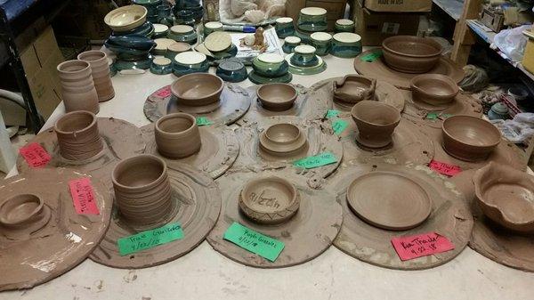 The products in progress and waiting to be fired.