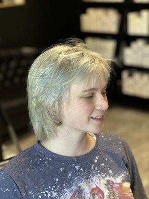 Razor shag with a mullet vibe. Cut by Gail.