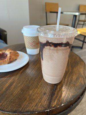 Hazelnut mocha chiller with oat milk, fall latte, raspberry pastry