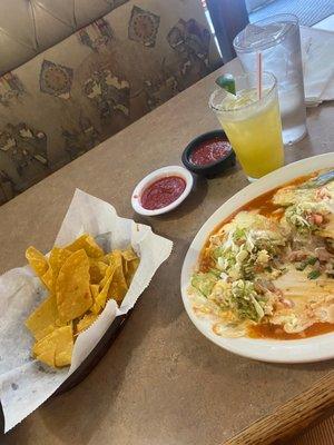 Complementary nachos and salsa with the smothered veggie burrito.