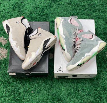 Jordan 14 "Desert Sand"  Size 7.5  $135  Jordan 7"Neutral Grey"  Size 8  $135