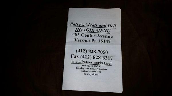 Patsy's Hoagie Menu (Front)