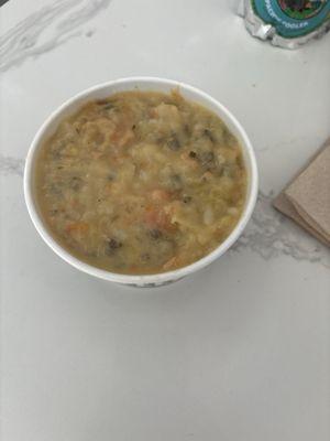 Discolored pasty wild rice soup. Disgusting