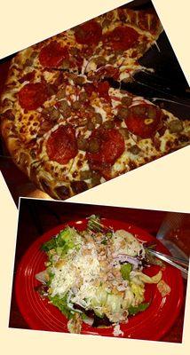 Garden Salad & Doggy breath pizza with added Italian sausage and bacon.