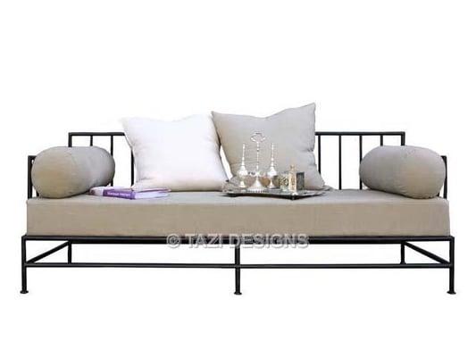 Iron daybed in linen and outdoor sofa for covered patio. Custom iron furniture available.