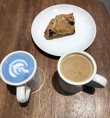 Butterfly Pea Latte (left), their popular Blueberry Scone (center), Americano (right)