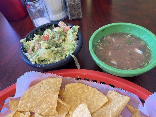 Guacamole- fresh and chunky. Salsa fresh medium spicy with a good cilantro touch.