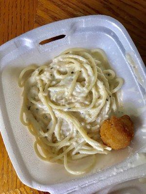 A couple bites of spaghetti for $5. Button sized fried mushroom for context of just how small the order is. Won't ever be back.