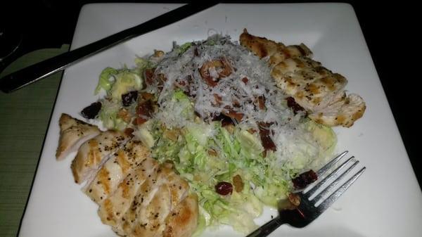 Shaved brussel sprout salad w/chicken breast, dried cherries, bacon, candied pecans, honey dijon & gorganzola shredded cheese