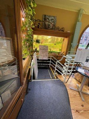 The Interior garden with stairway going downstairs @ Life Alive in Cambridge MA.