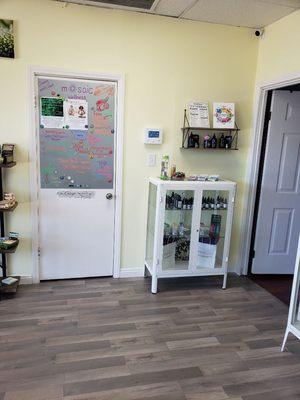 Classes and Store Specials Board along with lab tested medicine cabinet of a variety of tinctures.