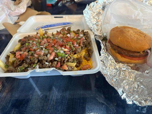 Black bean burger and carne asada fries