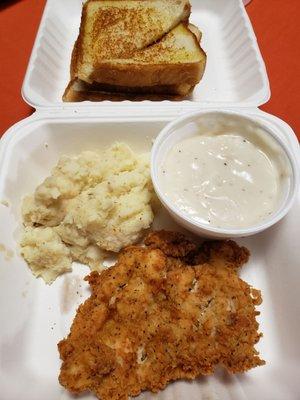 Chicken-fried Chicken, Mashed Potatoes, Gravy, and Toast